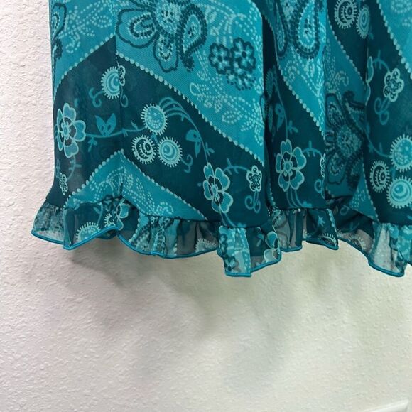 Cinema Etoile Vintage Blue Hipster Y2K Paisley Semi Sheer Ruffle Dress Size L - Picture 4 of 14